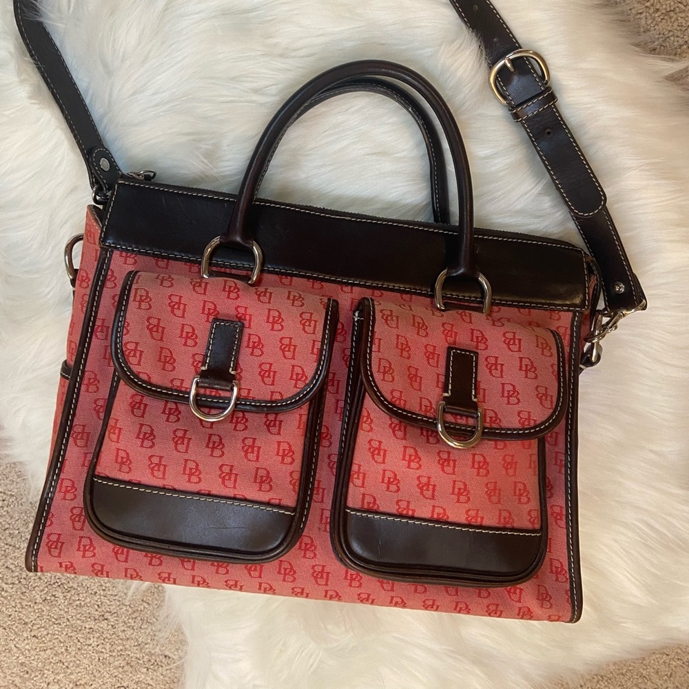Dooney & Bourke Large Signature Double Pocket Tote Laptop Bag Pink/Salmon